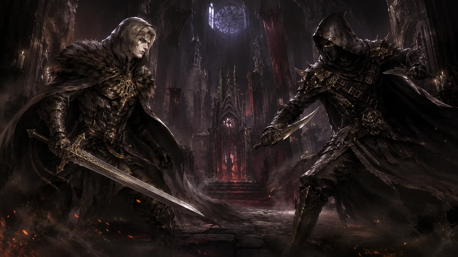 Fantasy Duel — two warriors face each other in a dark cathedral arena